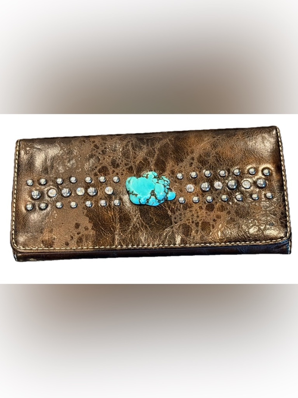 Country Road Wallet Brown faux Turquoise Stone and Metal Studs Western NWOT